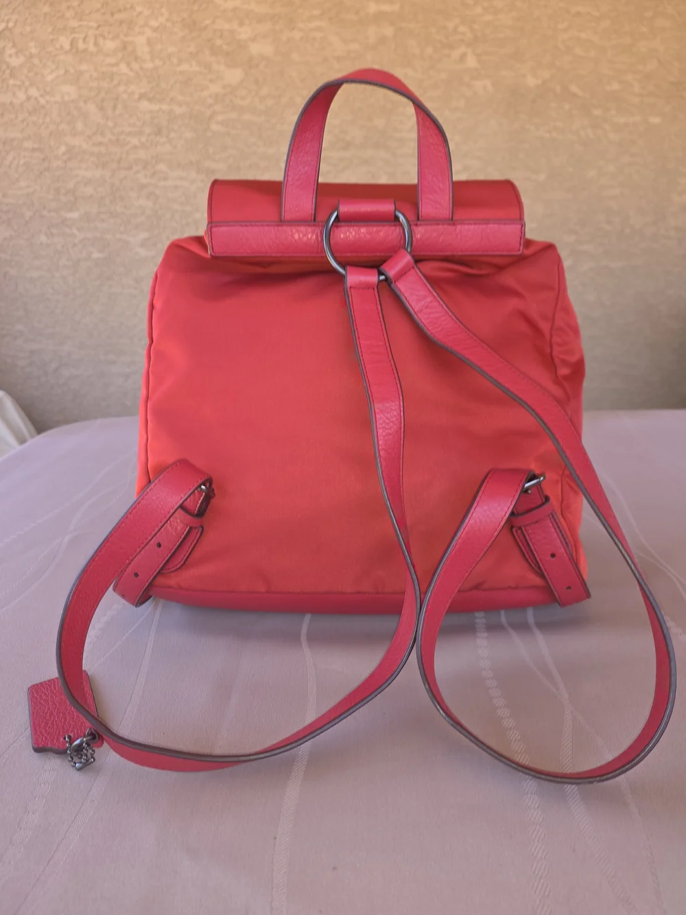 Auth COACH Nylon Leather Bucket Mouth Backpack Drawstring Turn lock F58814 Red